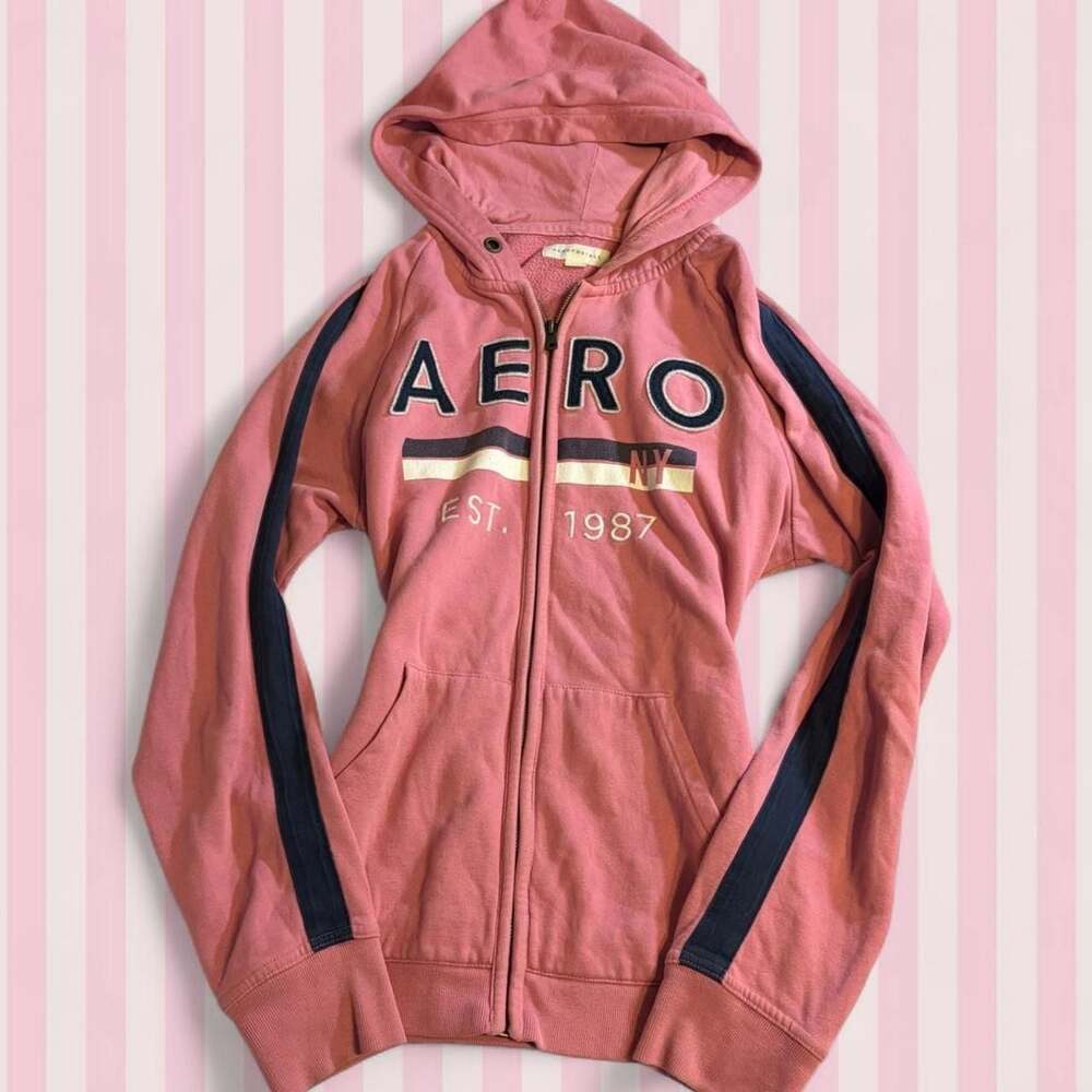 Aeropostale Pink Zip Up Hoodie with Navy Sleeve Stripes